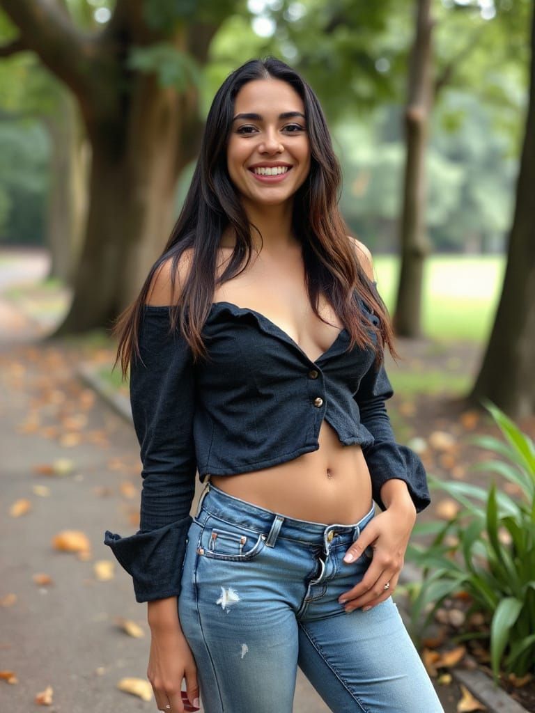 Young Woman Smiling in Park with Lake