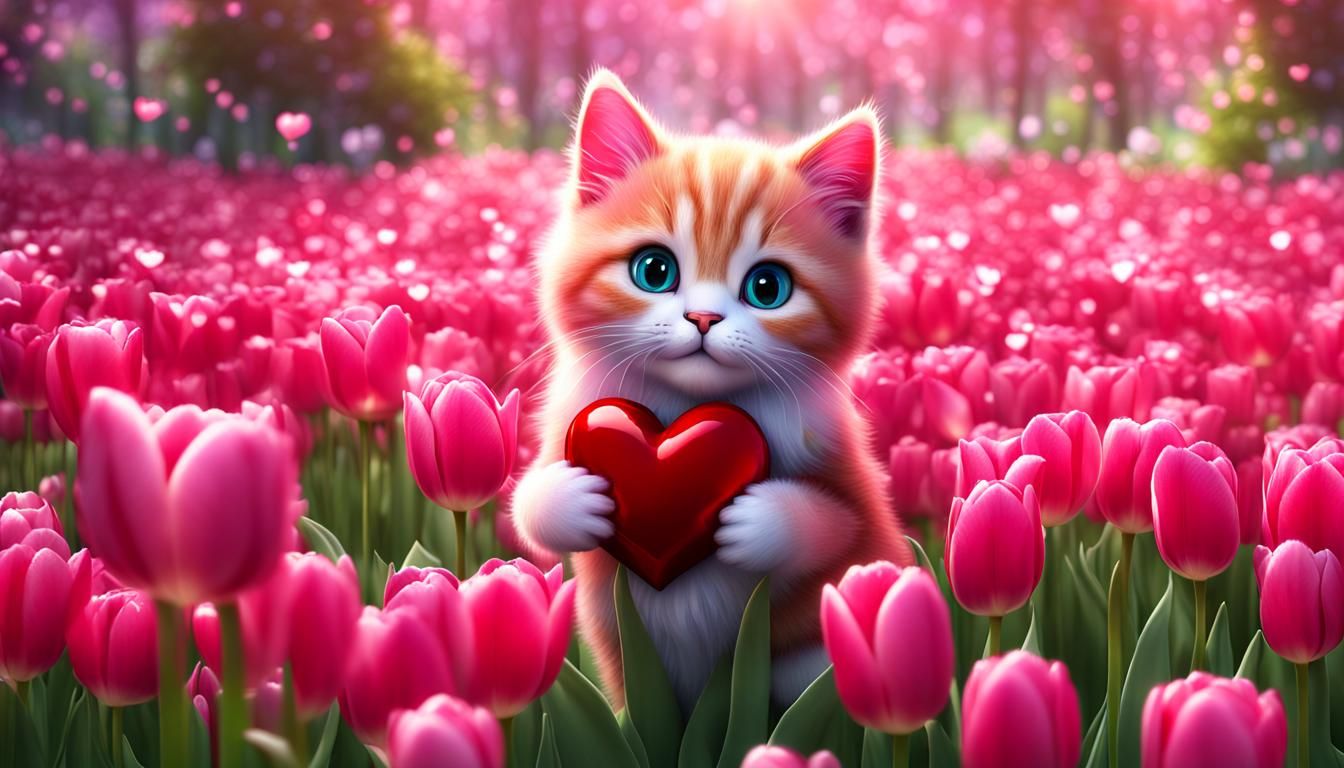 shiny red heart in a pink tulips garden,fluffy  chibi kittens,shiny white round Playful. Cute. Fluffy ethereal fantasy h...