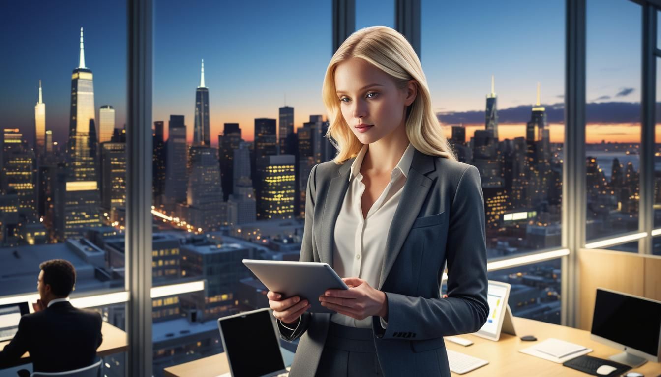 Beautiful Blonde at Office Window with City Skyline