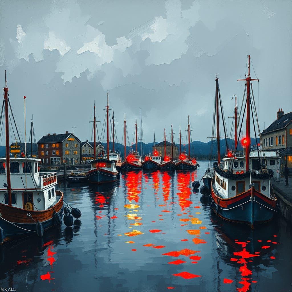 Dramatic Harbor Scene with Red Lights in Impressionist Style