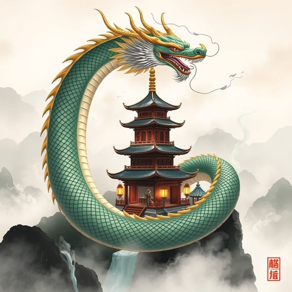 Dragon Coiling Pagoda in Chinese Ink Wash Style