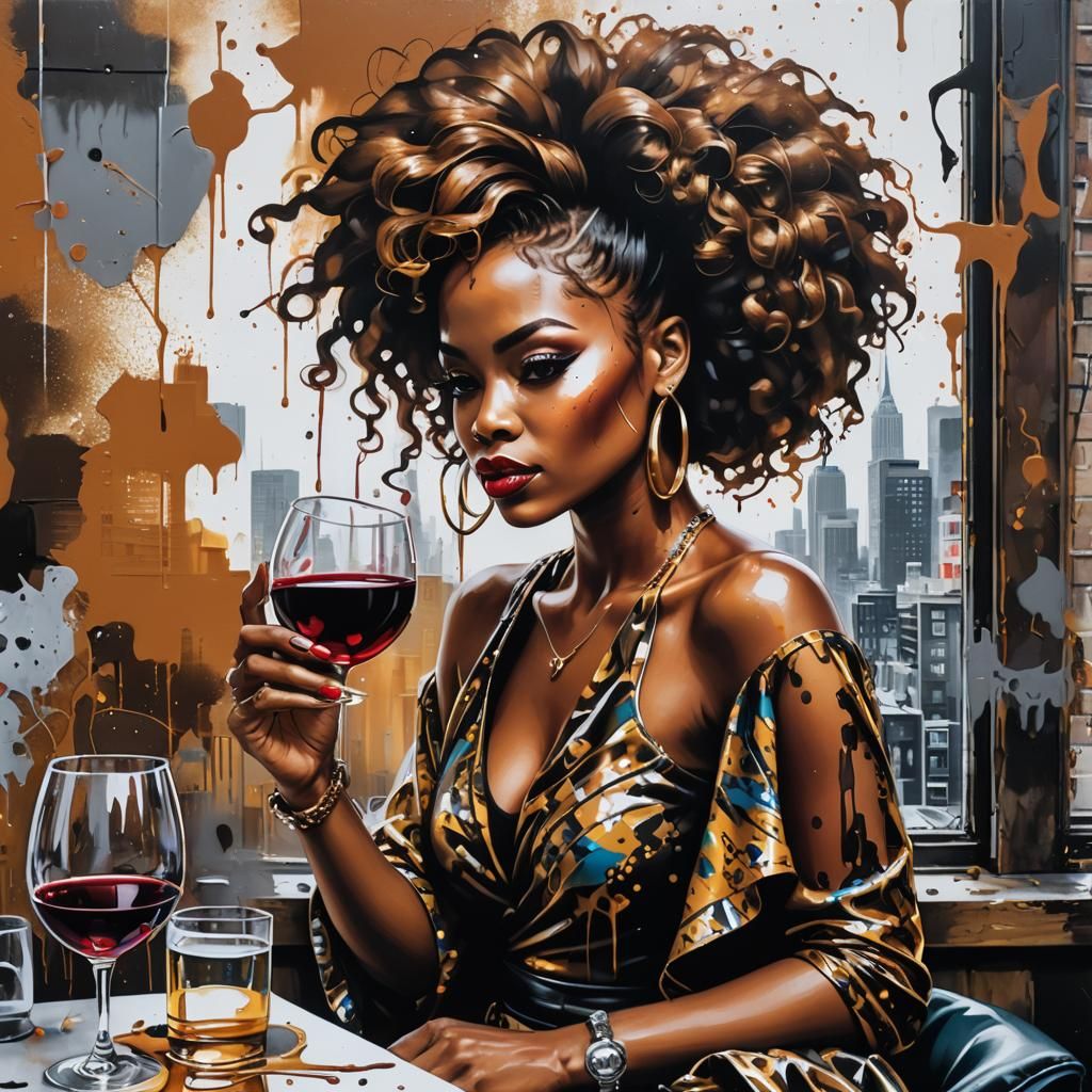 Glamorous Woman with Wine: Trash Polka Graffiti Art