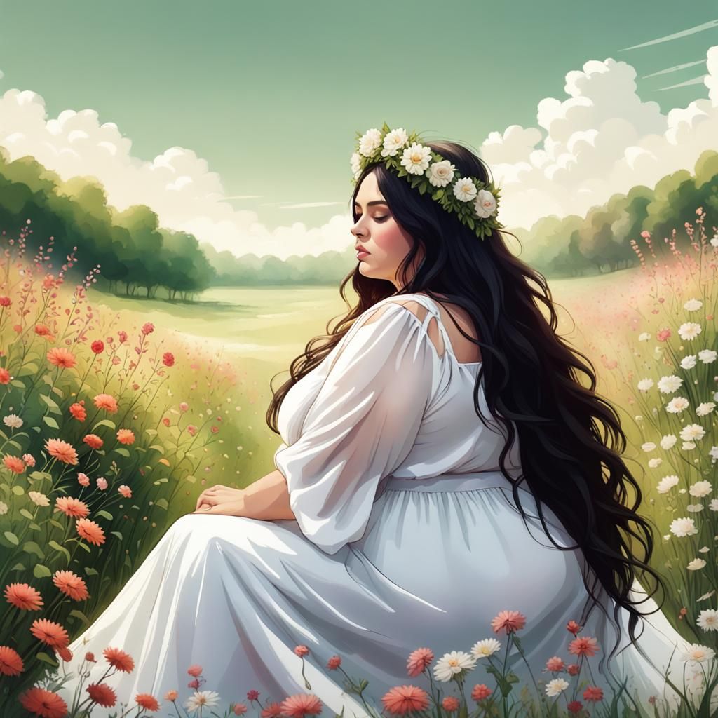 Woman in White Dress in Flower Field