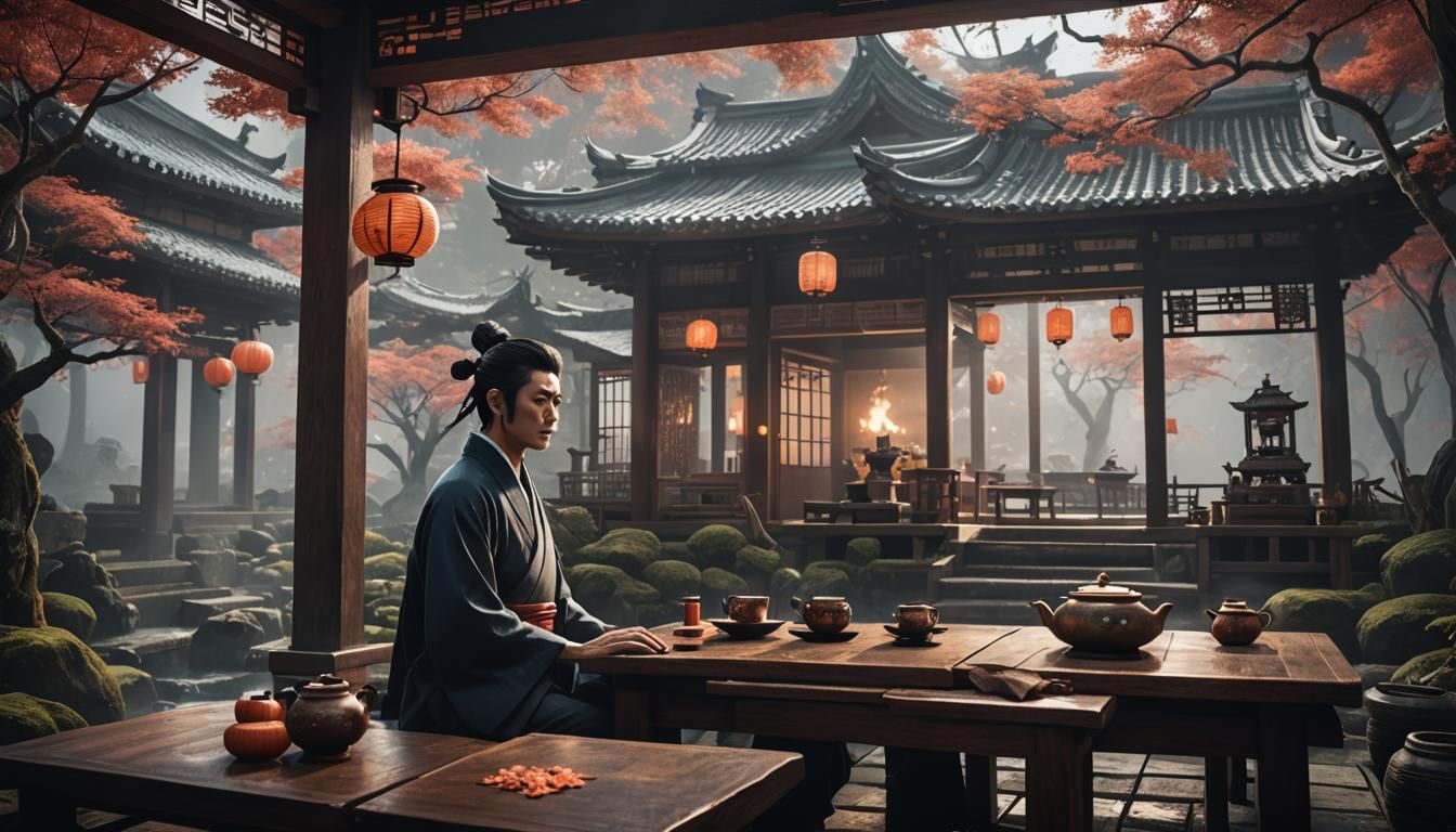 Spooky Zen Tea House with Young Japanese Man