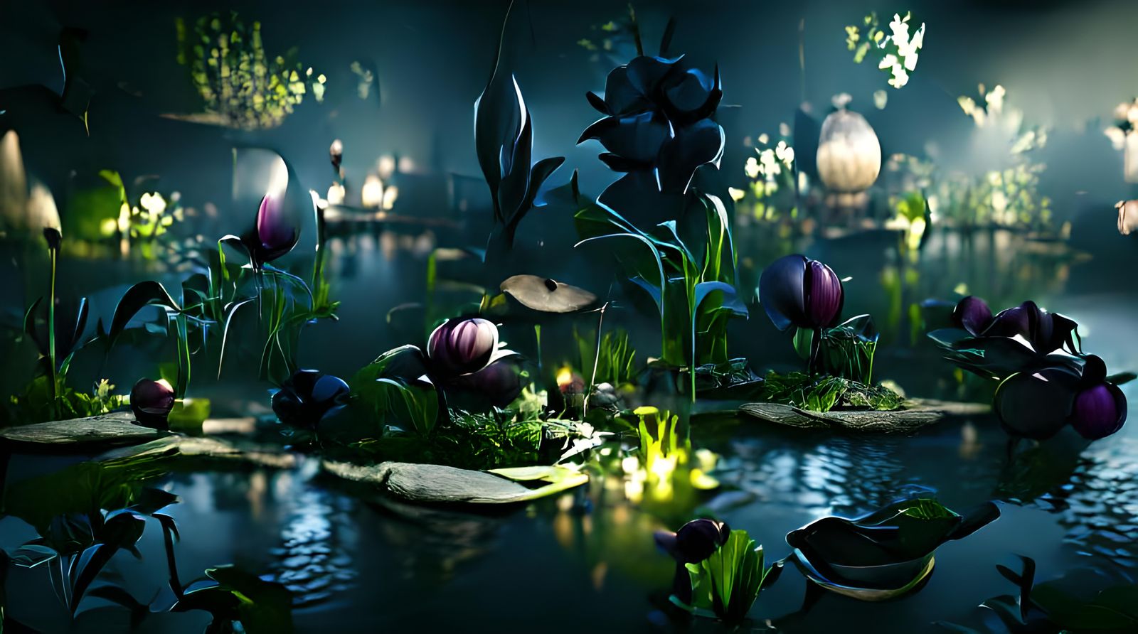Dramatic Midnight Flower Garden with Pond