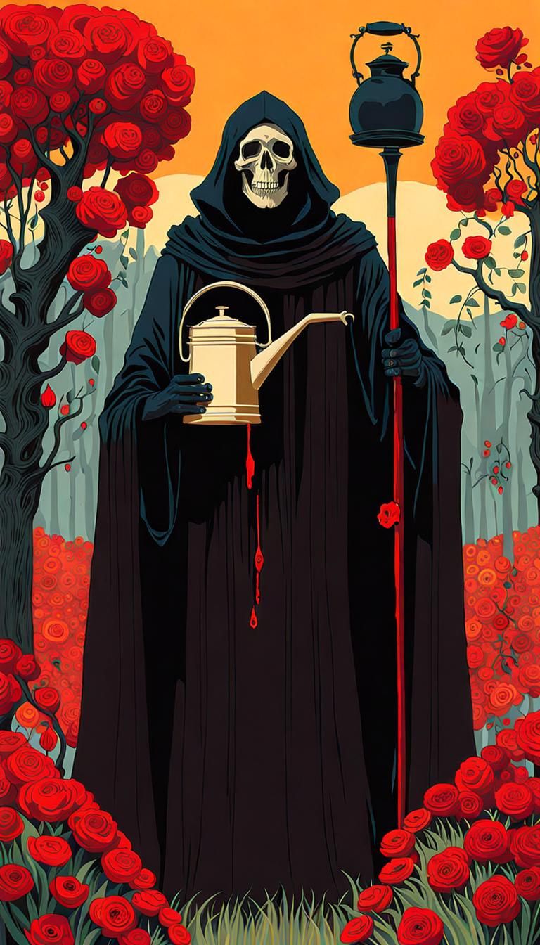 Grim Reaper's Blooming Skull: A Gothic Art Collage