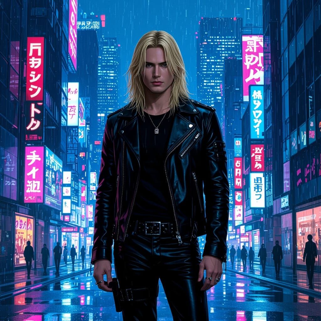 Cyberpunk Man in Futuristic Tokyo Cityscape