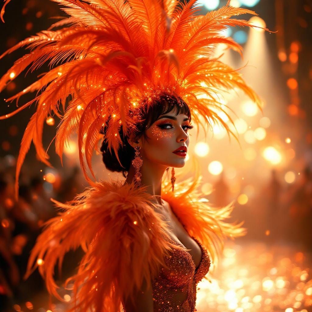Cabaret Dancer in Orange Burst, Feathered Headdress