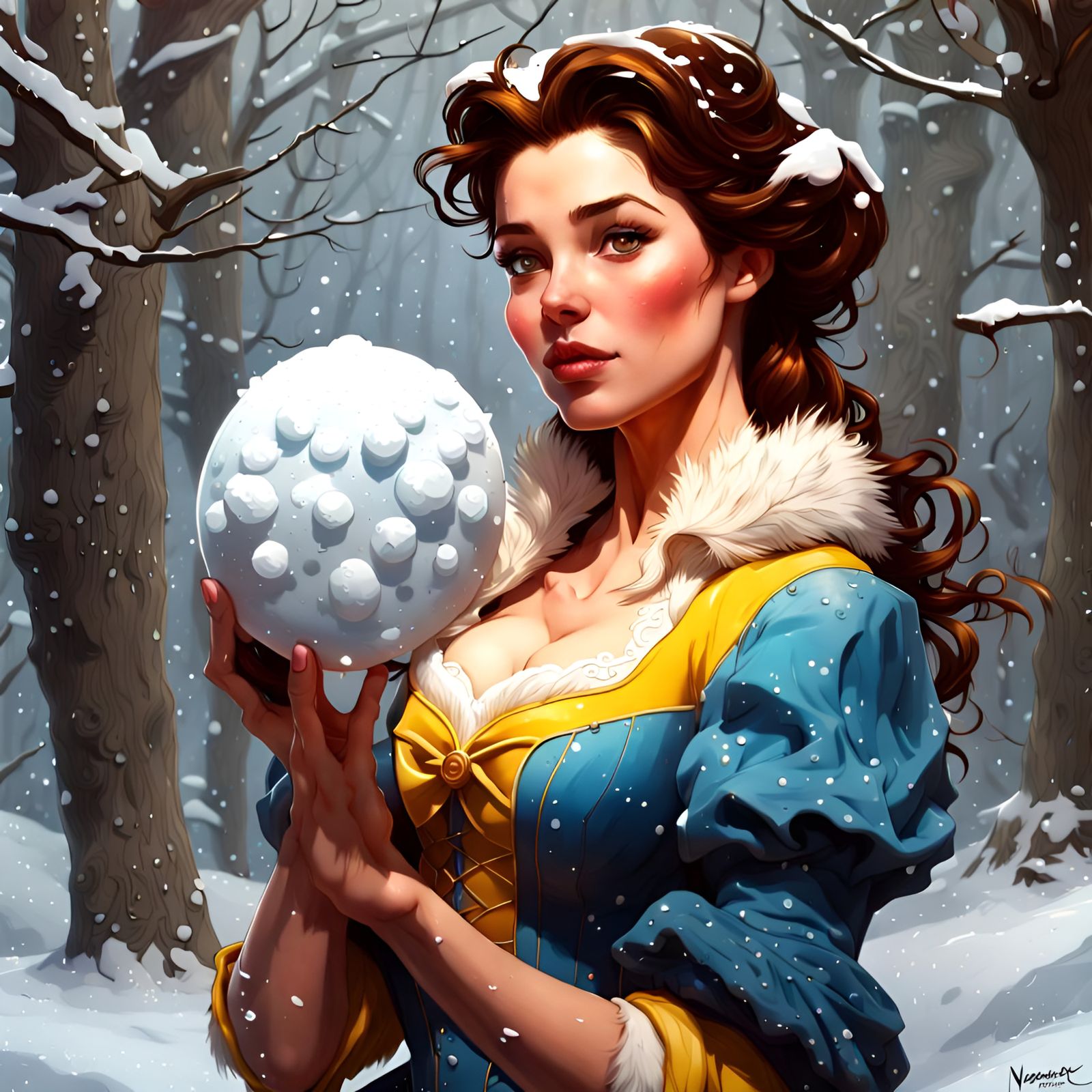 Princess Belle Snowball Fight: Detailed Digital Portrait