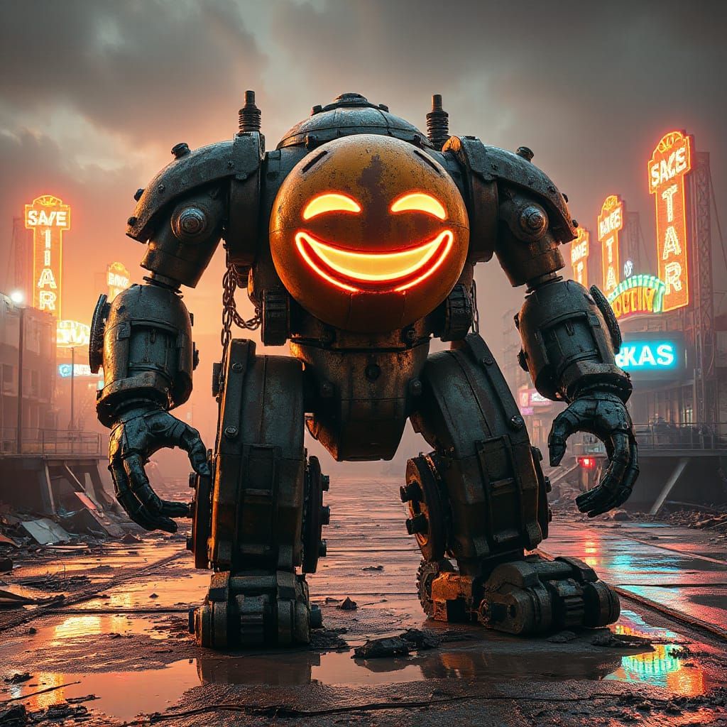 Mad Max Robot with Neon Emoji Face in Cyberpunk City