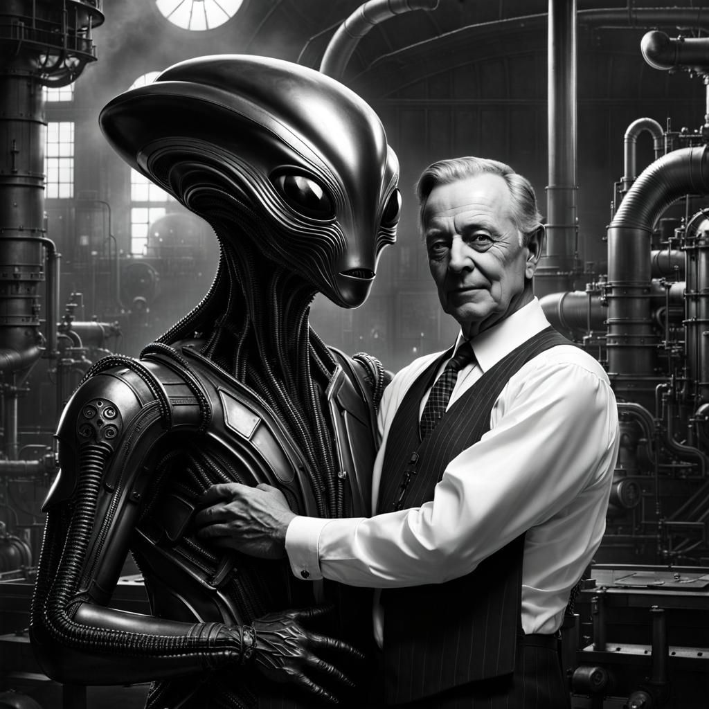 Alien Hugs Tycoon in Catskills: Black and White Portrait