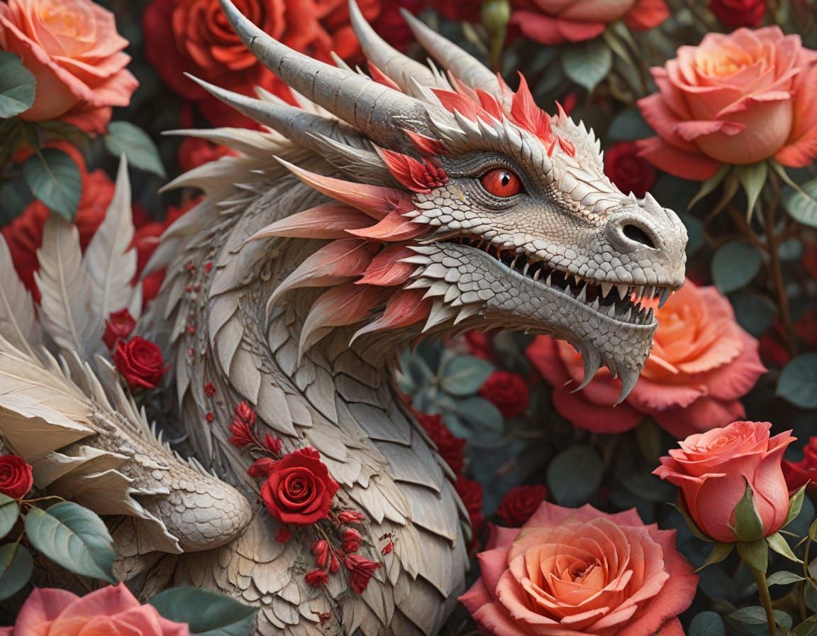Dragon Hiding Among Roses in Watercolor Style