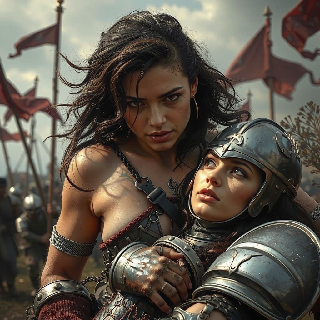 Barbarian Warrior Woman Listens to Dying Knight