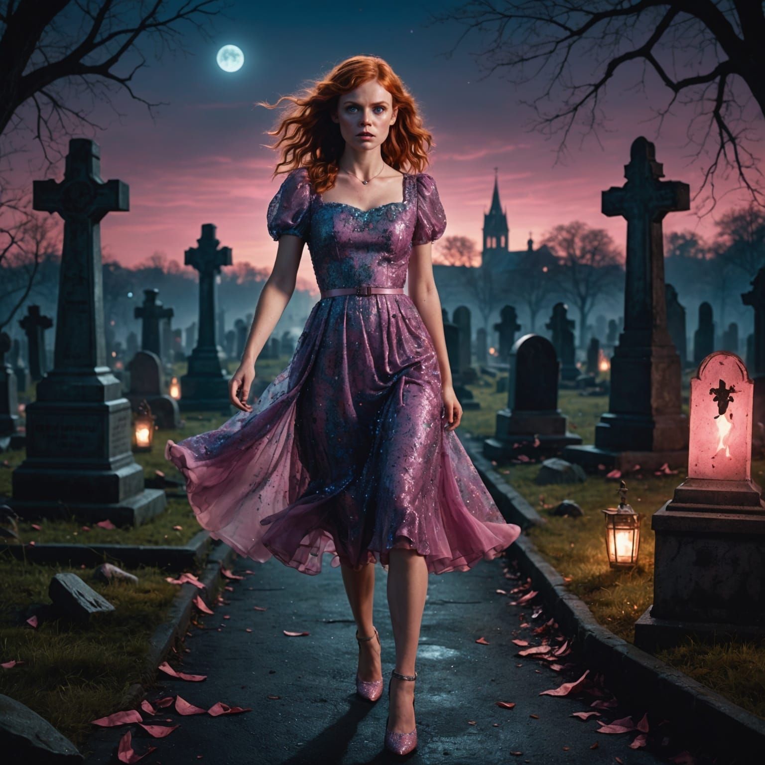 Woman Fleeing Zombies in Graveyard: Fantasy Art