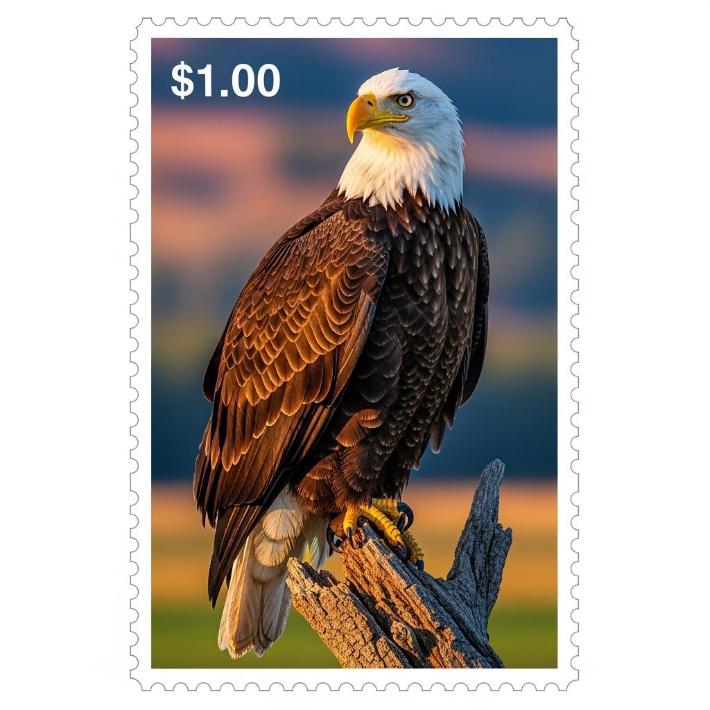 Detailed Eagle Postage Stamp with Vibrant Landscape
