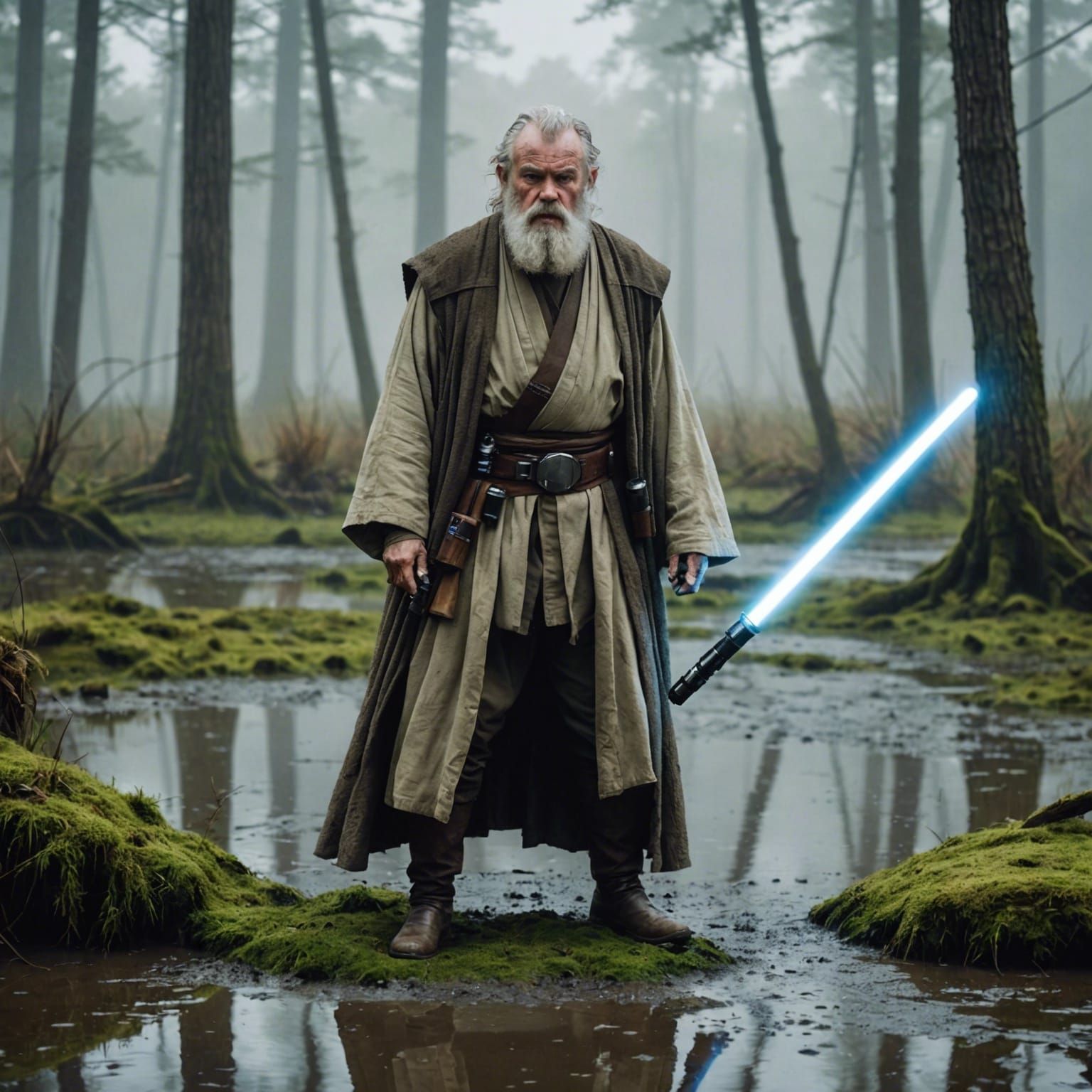 Exhausted Jedi in Swamp Holding Lightsaber