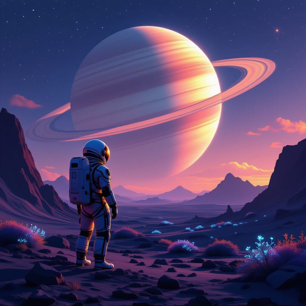 Astronaut on Alien Planet Gazing at Ringed Gas Giant