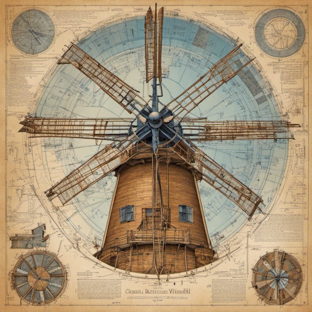 Detailed Art Nouveau Windmill Construction Blueprint