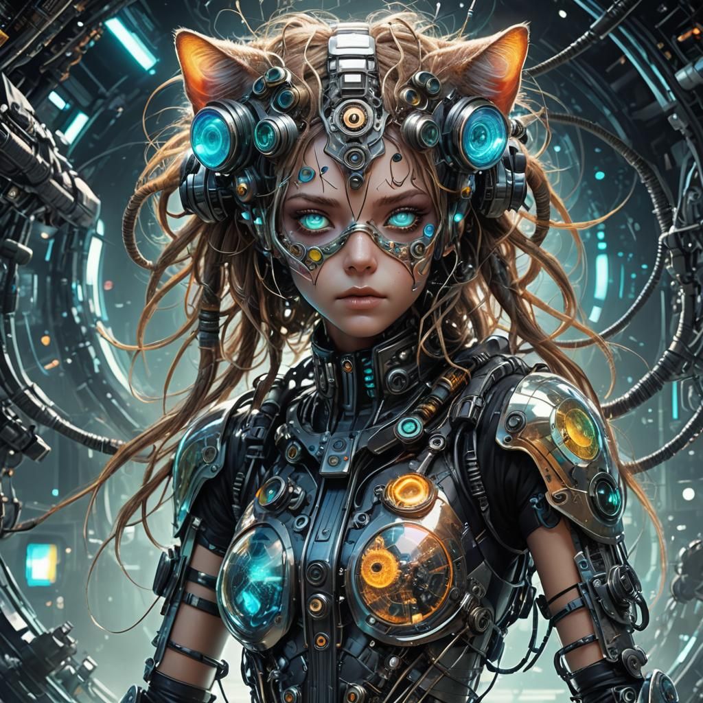 Striking Biopunk Figure in Holographic Astral Illustration