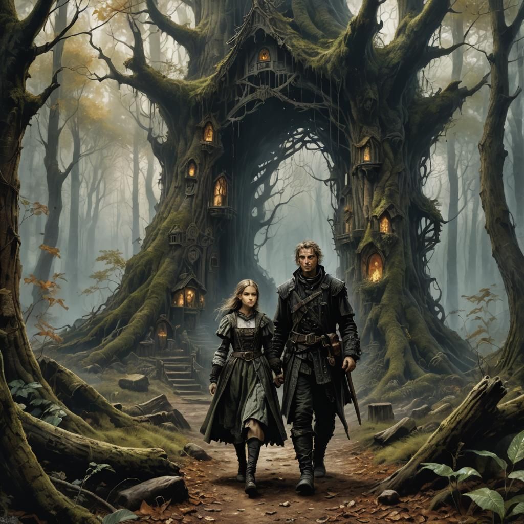 Hansel and Gretel in a Mysterious Forest, Oil and Ink