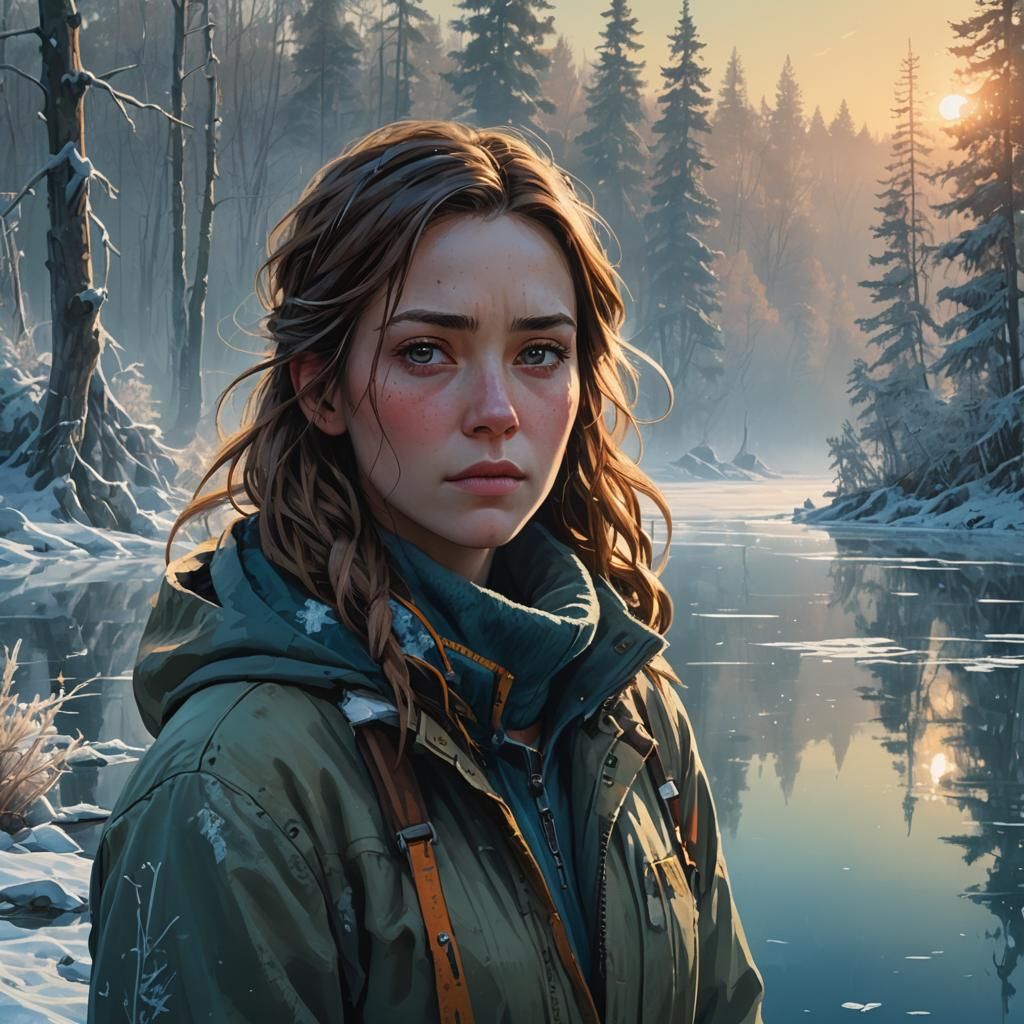 Woman in Forest by Frozen Lake, Matte Painting