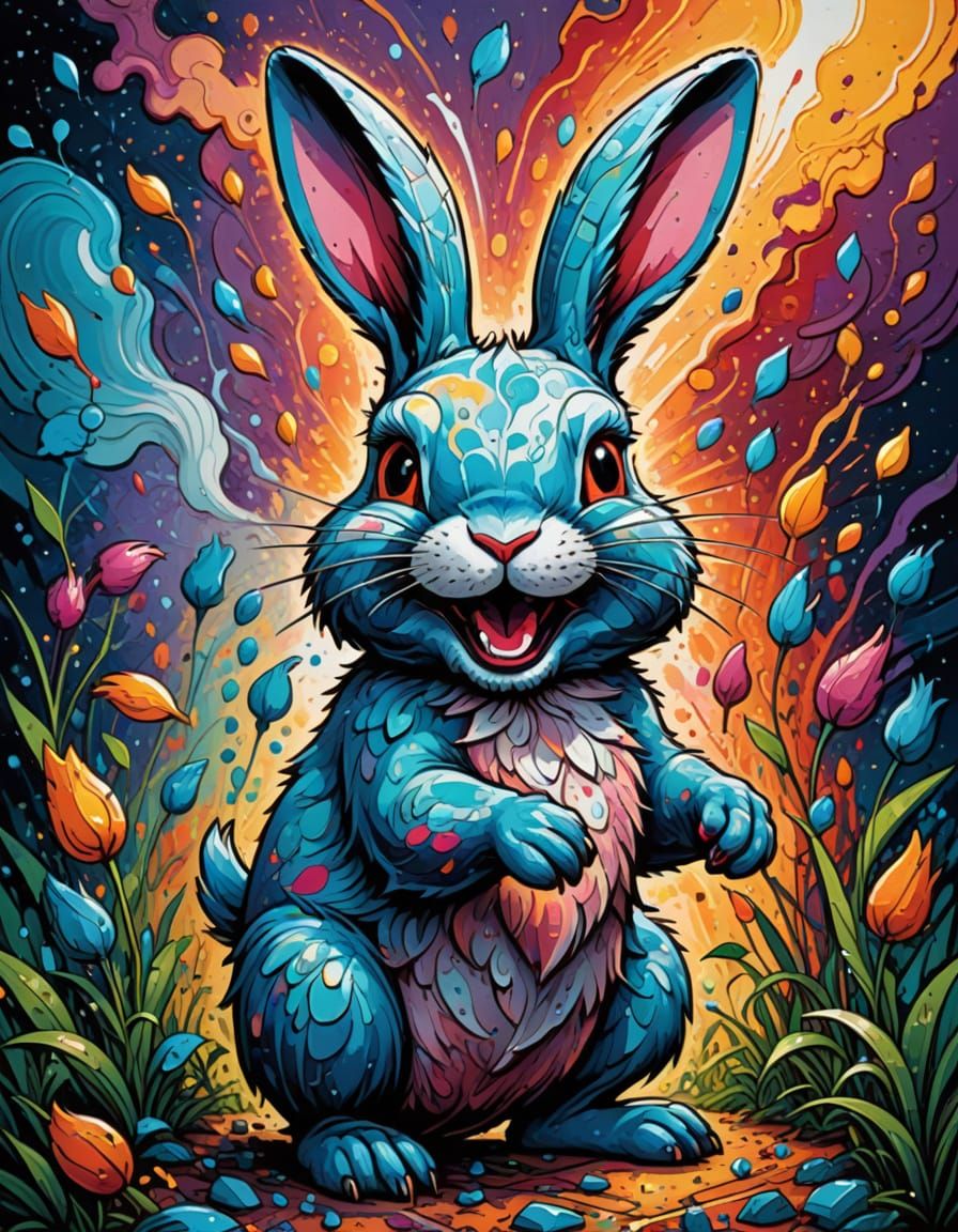 Laughing Bunny in Neo-Impressionist Comic Book Art