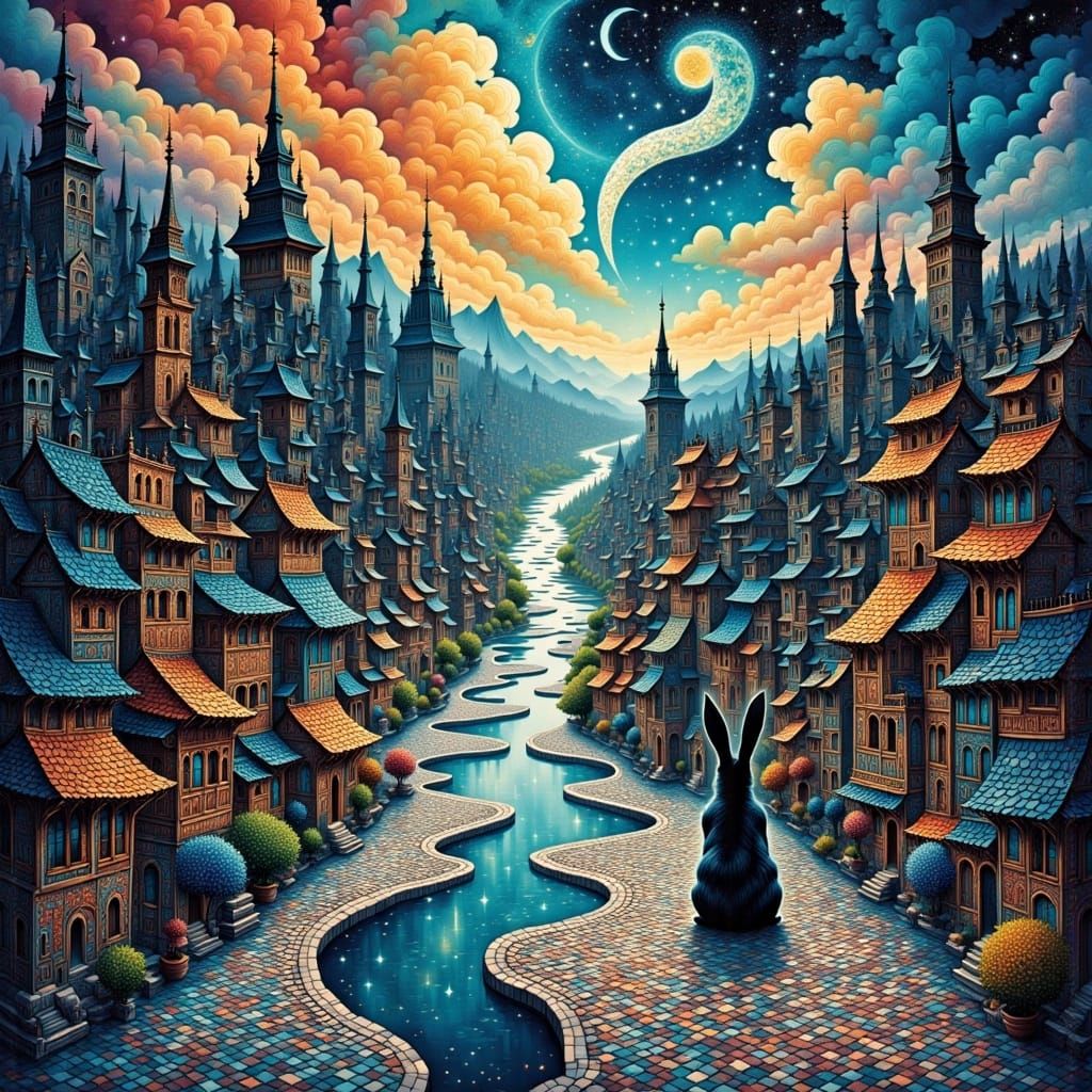 Rabbit in Dreamlike Fractal Cityscape