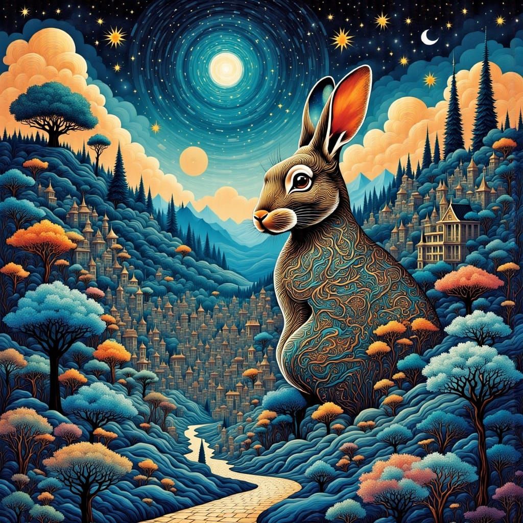 Rabbit Constructing Fractal City in Dreamlike Realm