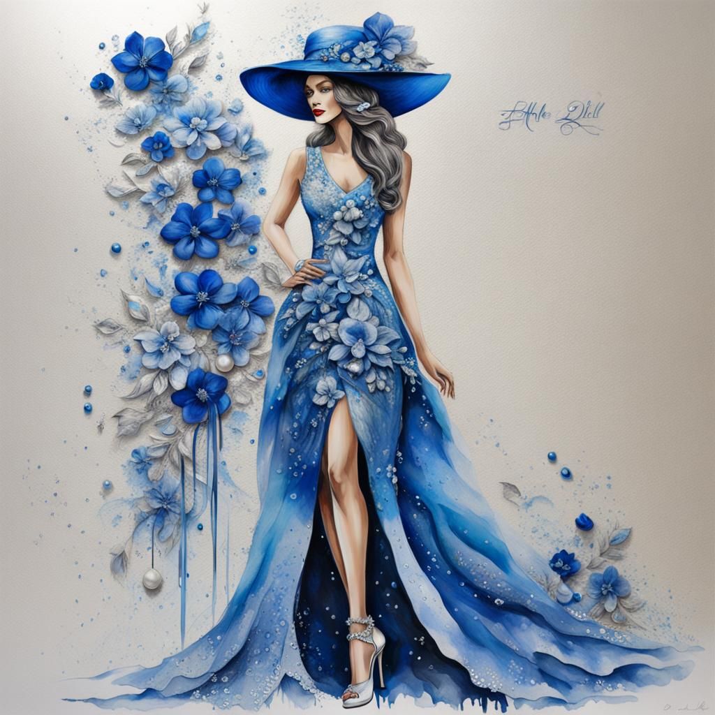 Woman in Floral Hat with Blue Ink Splashes