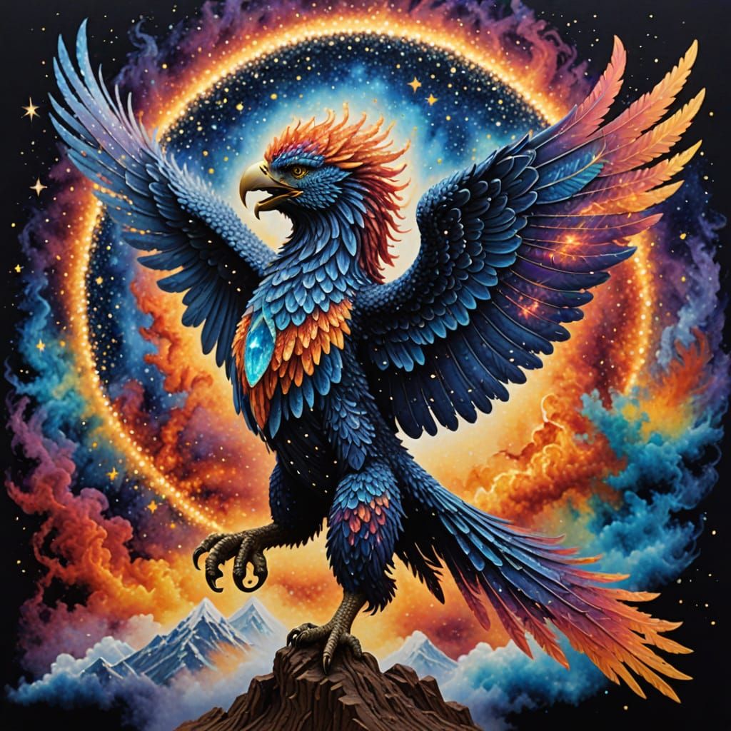 Celestial Griffin Soaring Through Nebula, Beaded Art