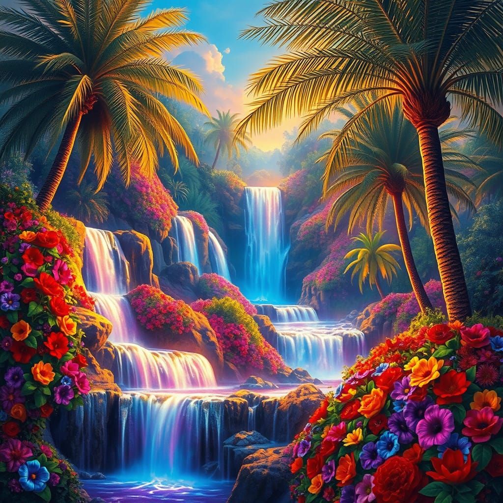 Luminous Waterfalls in Vibrant, Multicolored Paradise