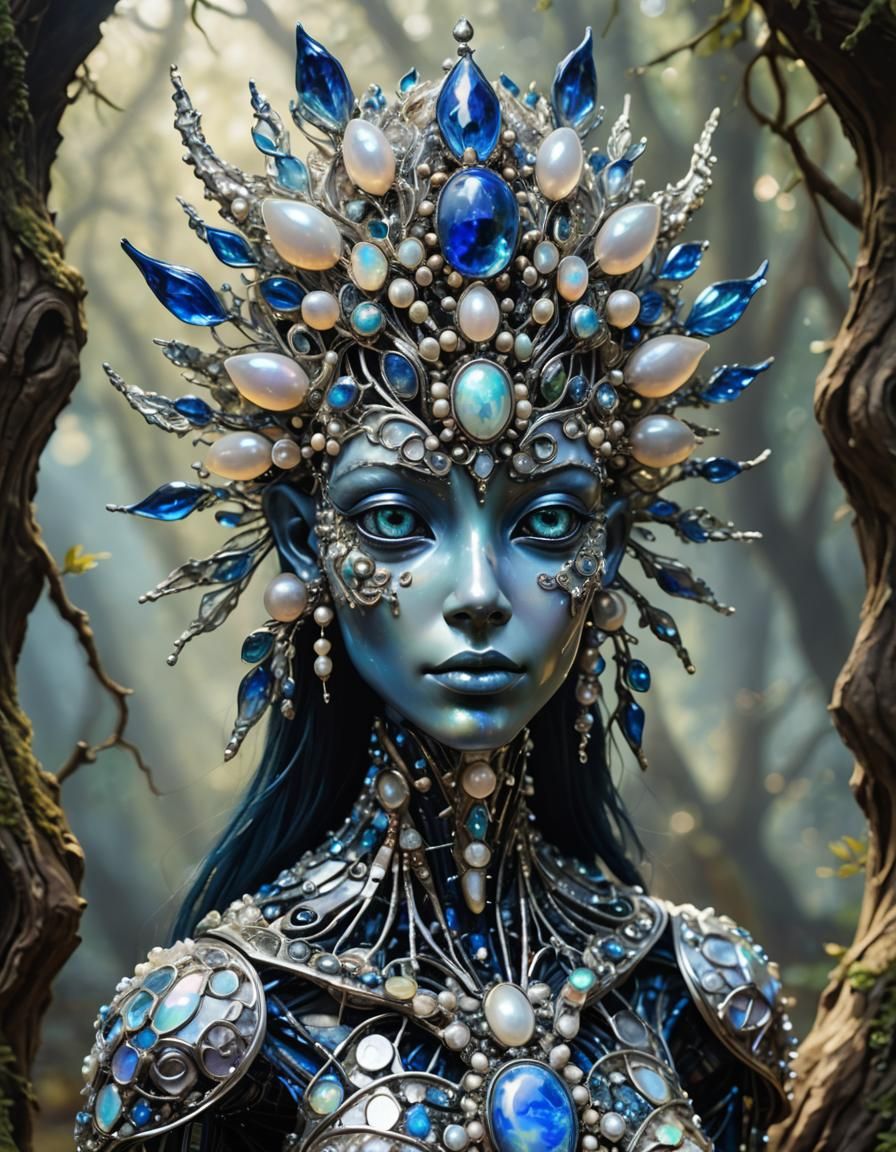 Iridescent Mineral Humanoid in Surreal Landscape