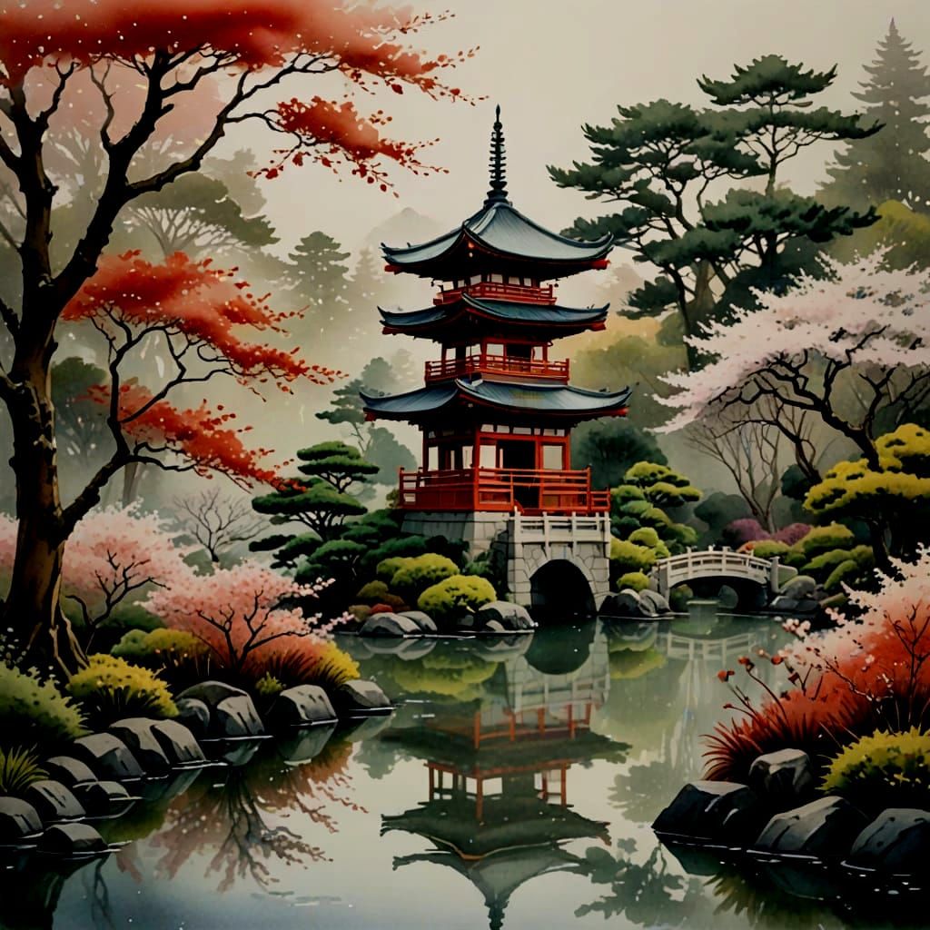 Surreal Pagoda Landscape in Japanese Garden Style