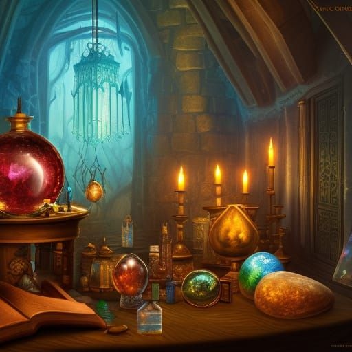 Medieval Crystal Shop with Potions and Books