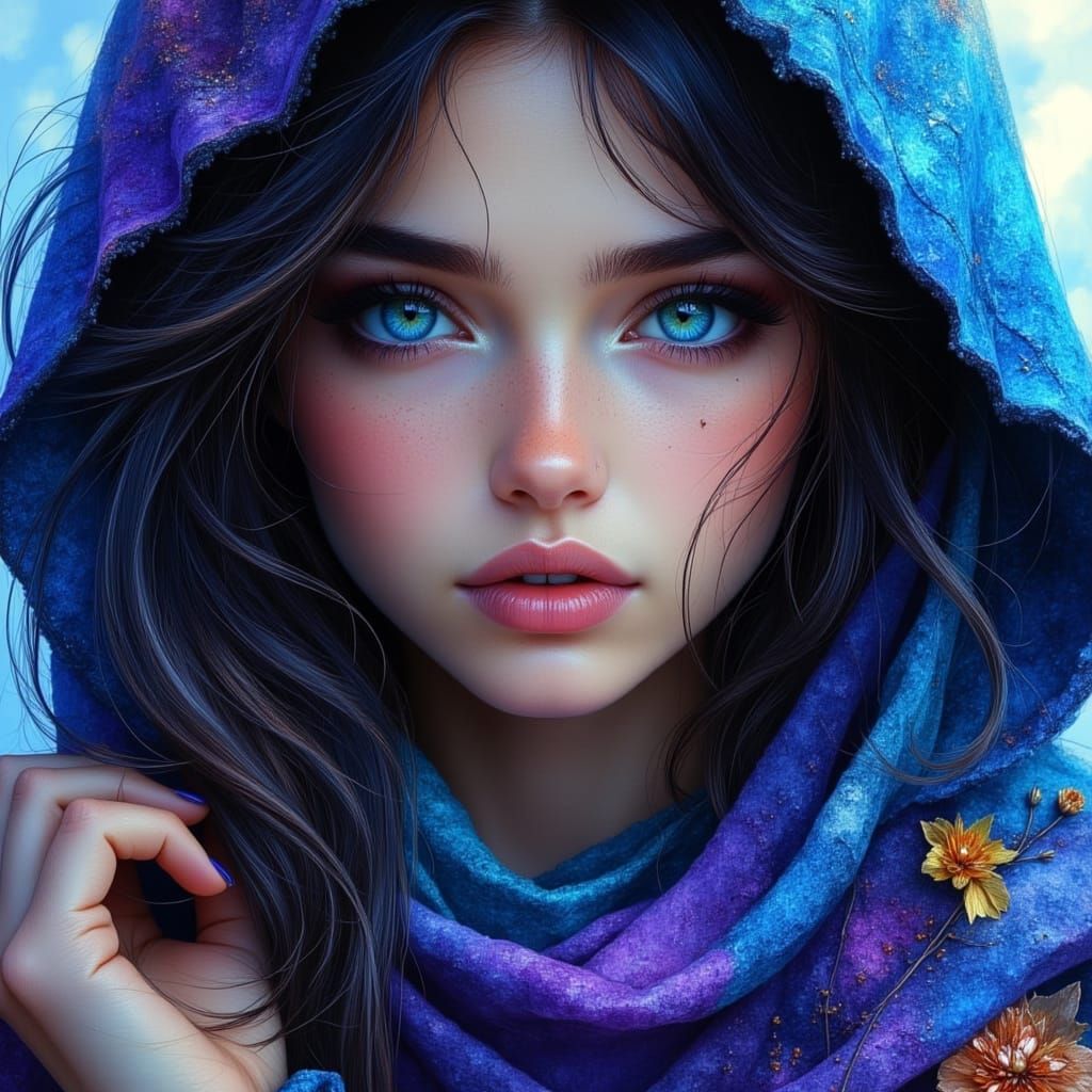 Blue-Eyed Beauty in Hooded Cape: Hyperdetailed Portrait