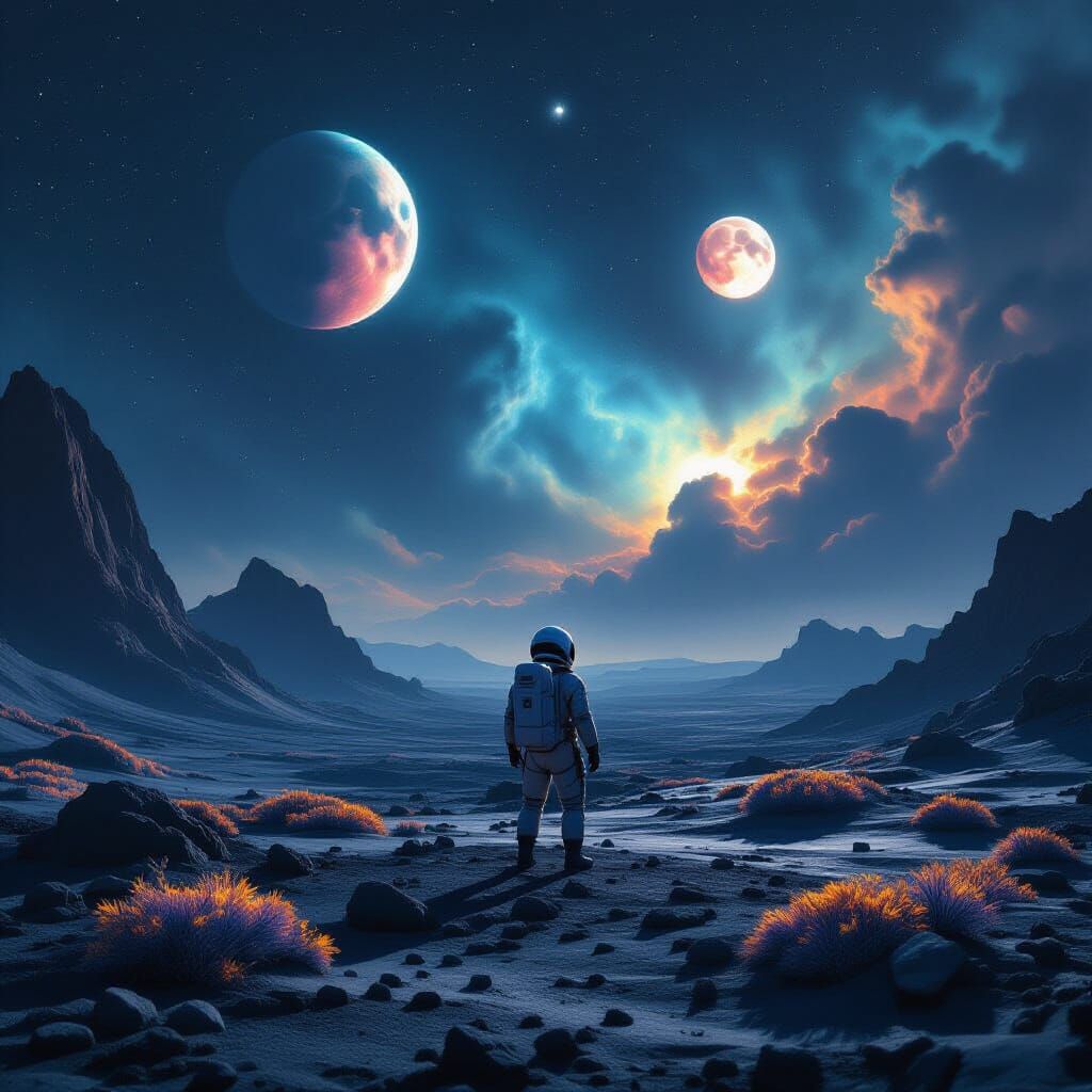 Astronaut on Alien Planet Gazing at Nebulae Sky