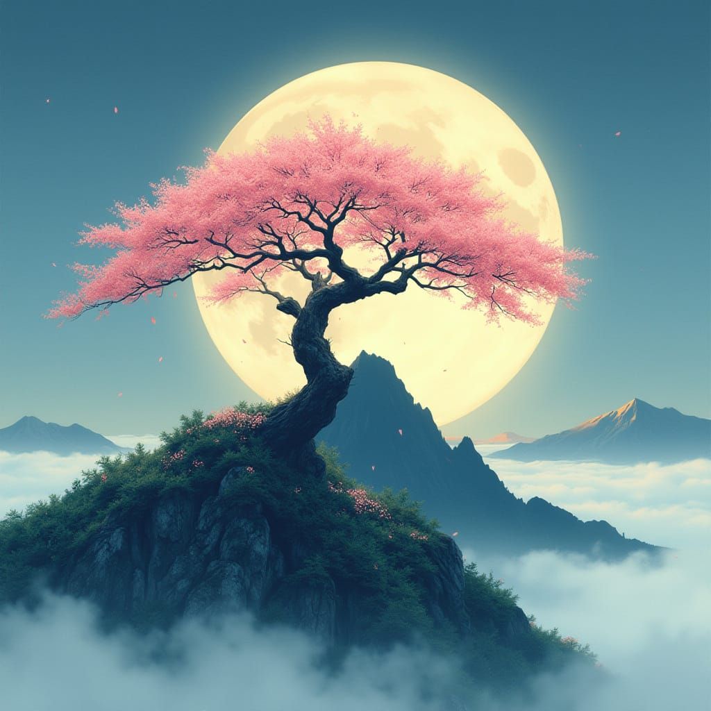 Cherry Tree on Misty Peak in Japanese Woodblock Style