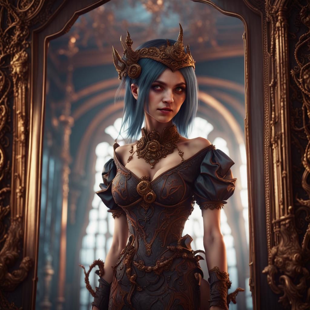 Girl's Evil Smile Reflected: Detailed Fantasy Art