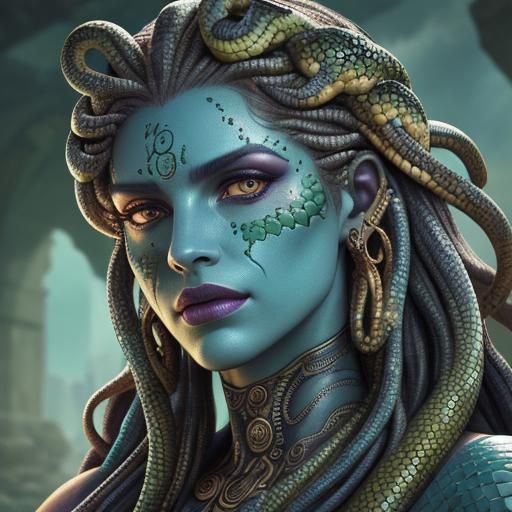 Hyperrealistic Medusa with Snakes in Ancient Greek Ruins