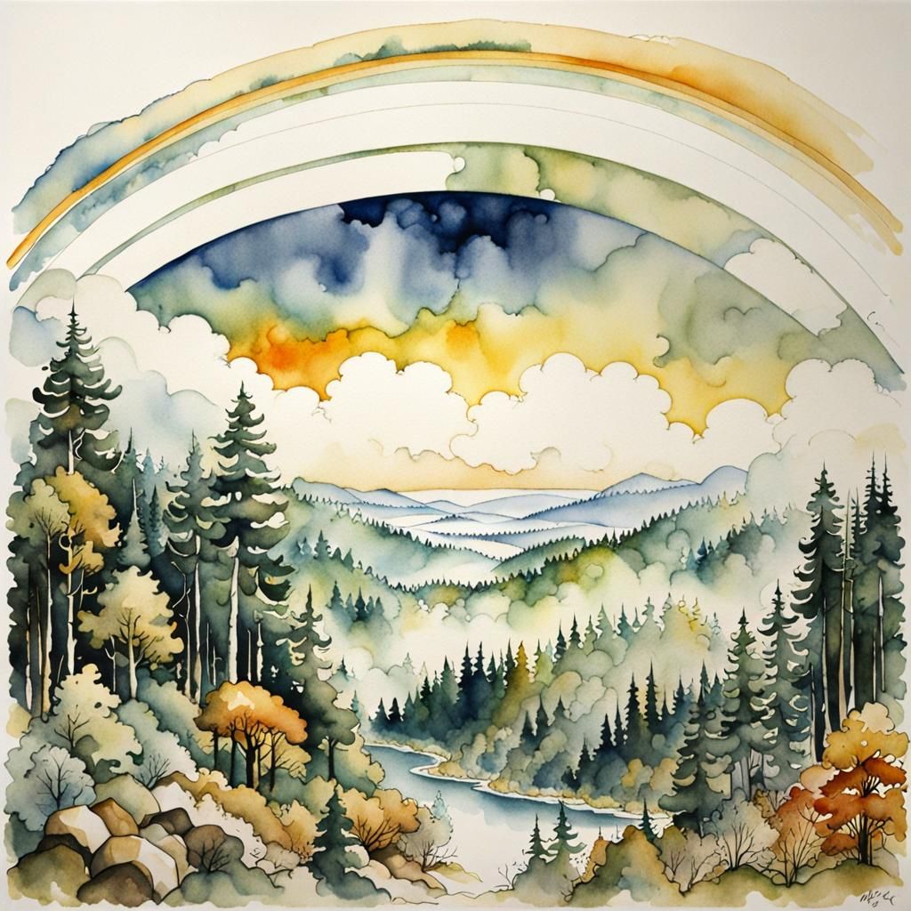 Ethereal White Rainbow Watercolor Landscape
