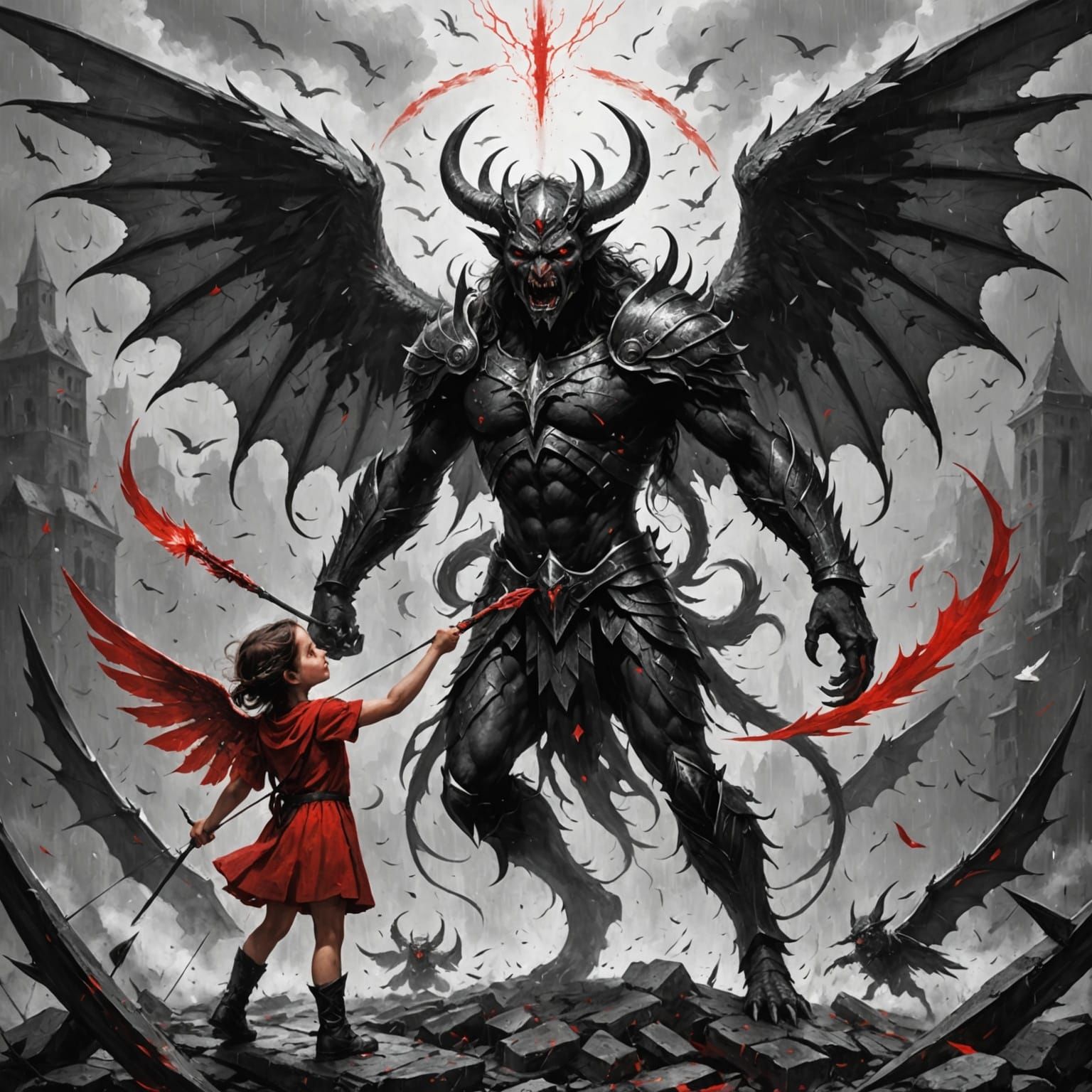 Winged Demon Protects Girl From Arrow Storm Painting