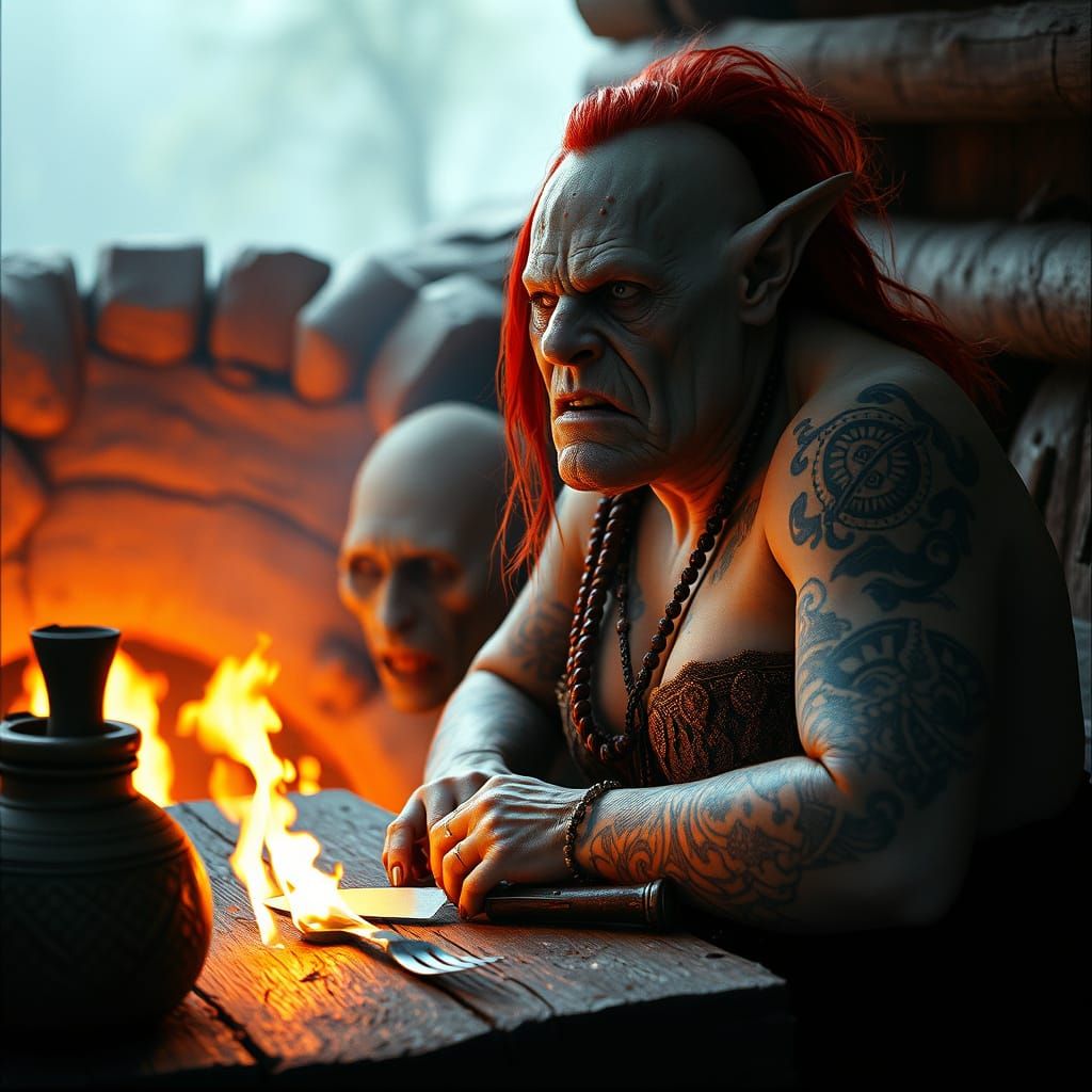 Gigantic Ogre Sits Beside Fiery Pit in Rustic Setting, in Ci...