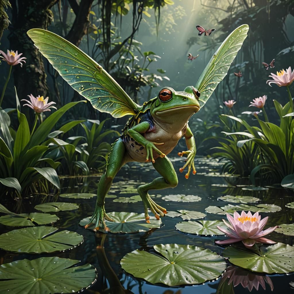 Frog with Fairy Wings Leaping on Lily Pads