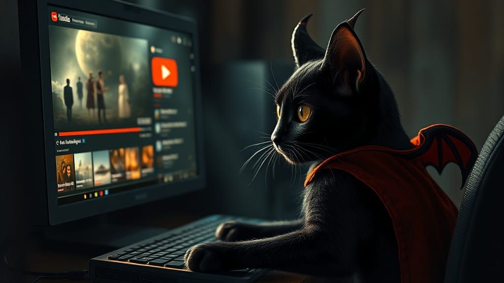Cat in Devil Costume Watches Halloween Video