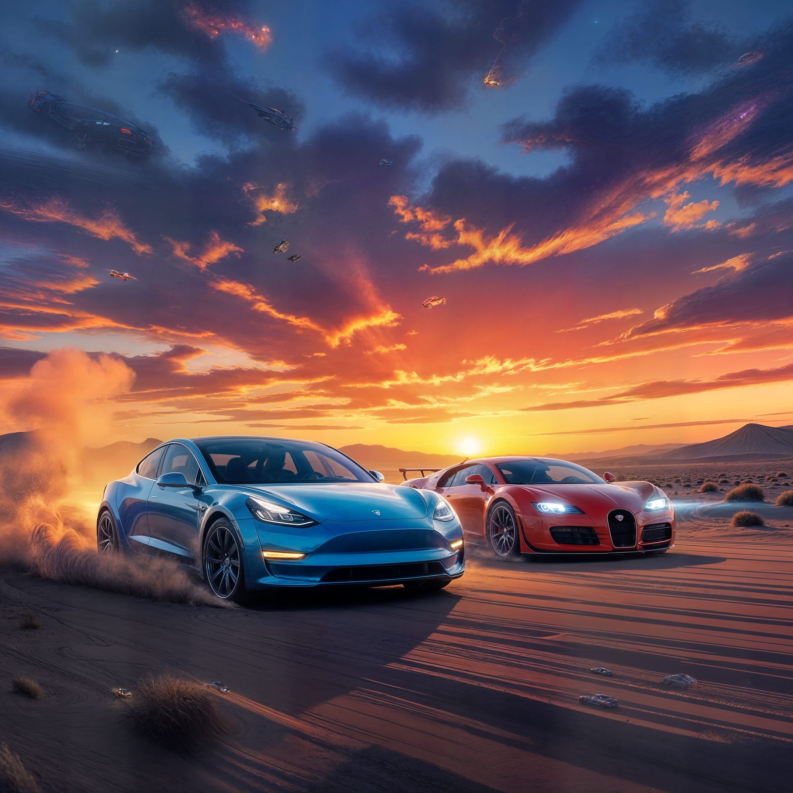 Tesla Model C Overtakes Bugatti Veyron in Desert Sunset