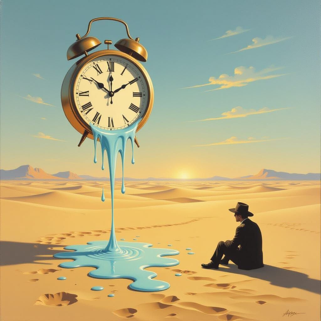 Surreal Desert Scene With Melting Clock and Figure