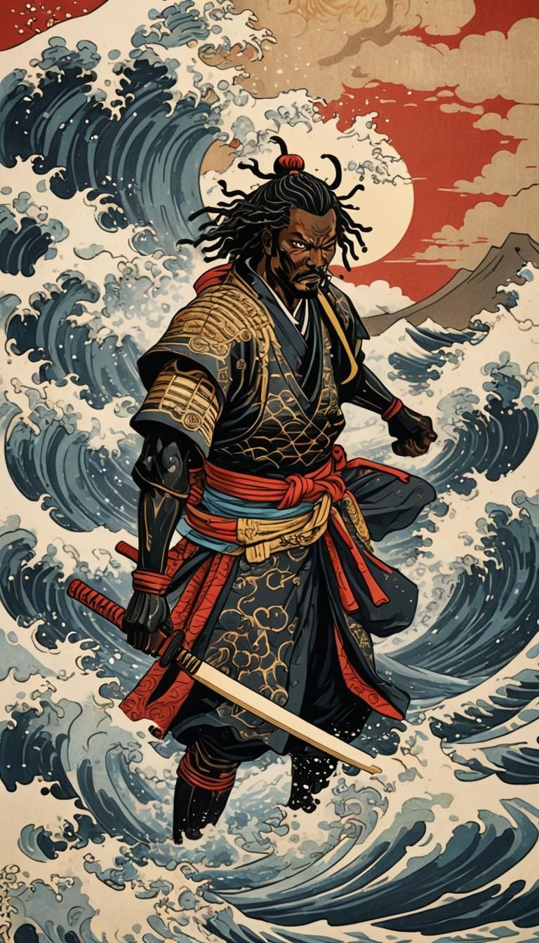 Yasuke the Black Samurai in Ukiyo-e Style
