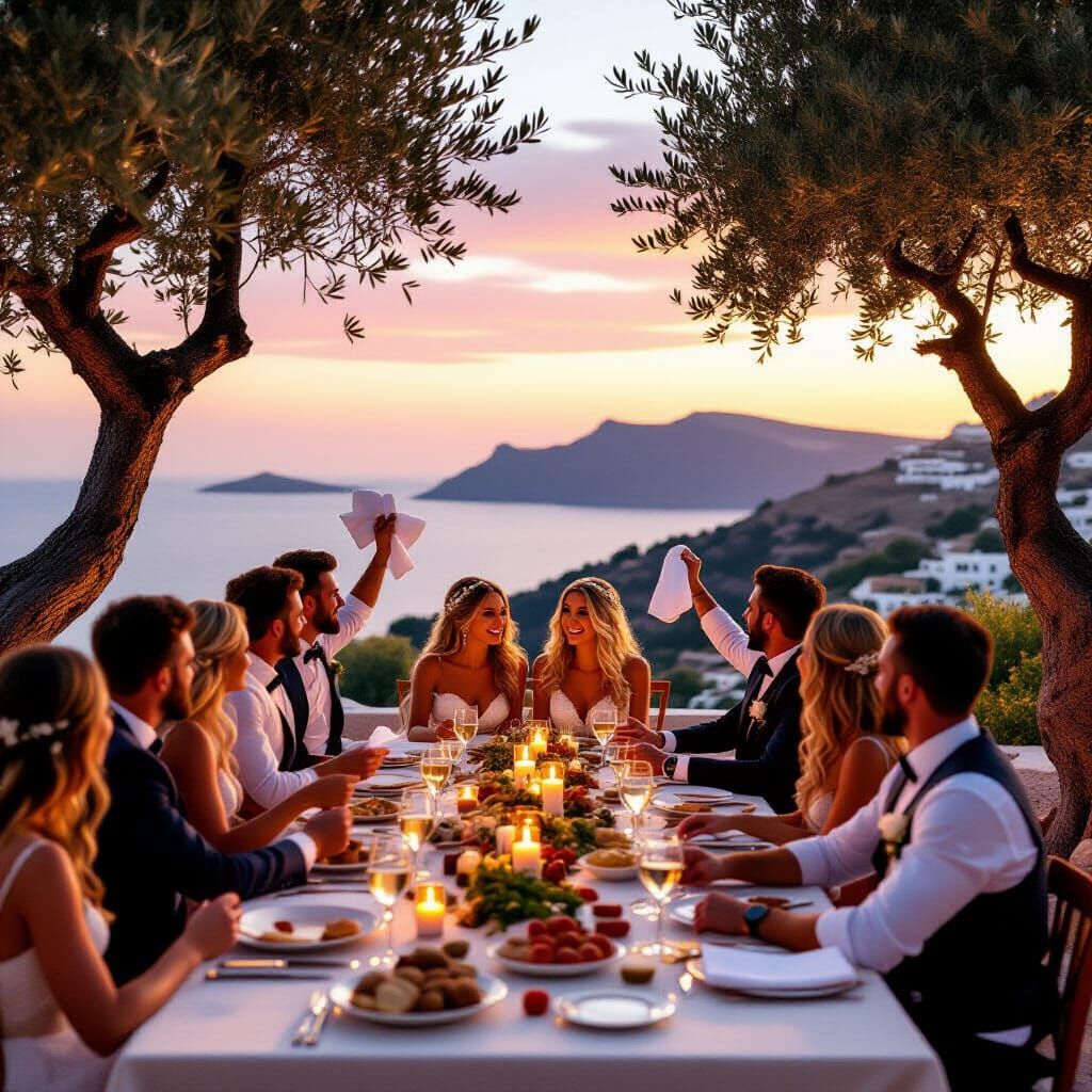 Joyful Greek Wedding Feast at Sunset