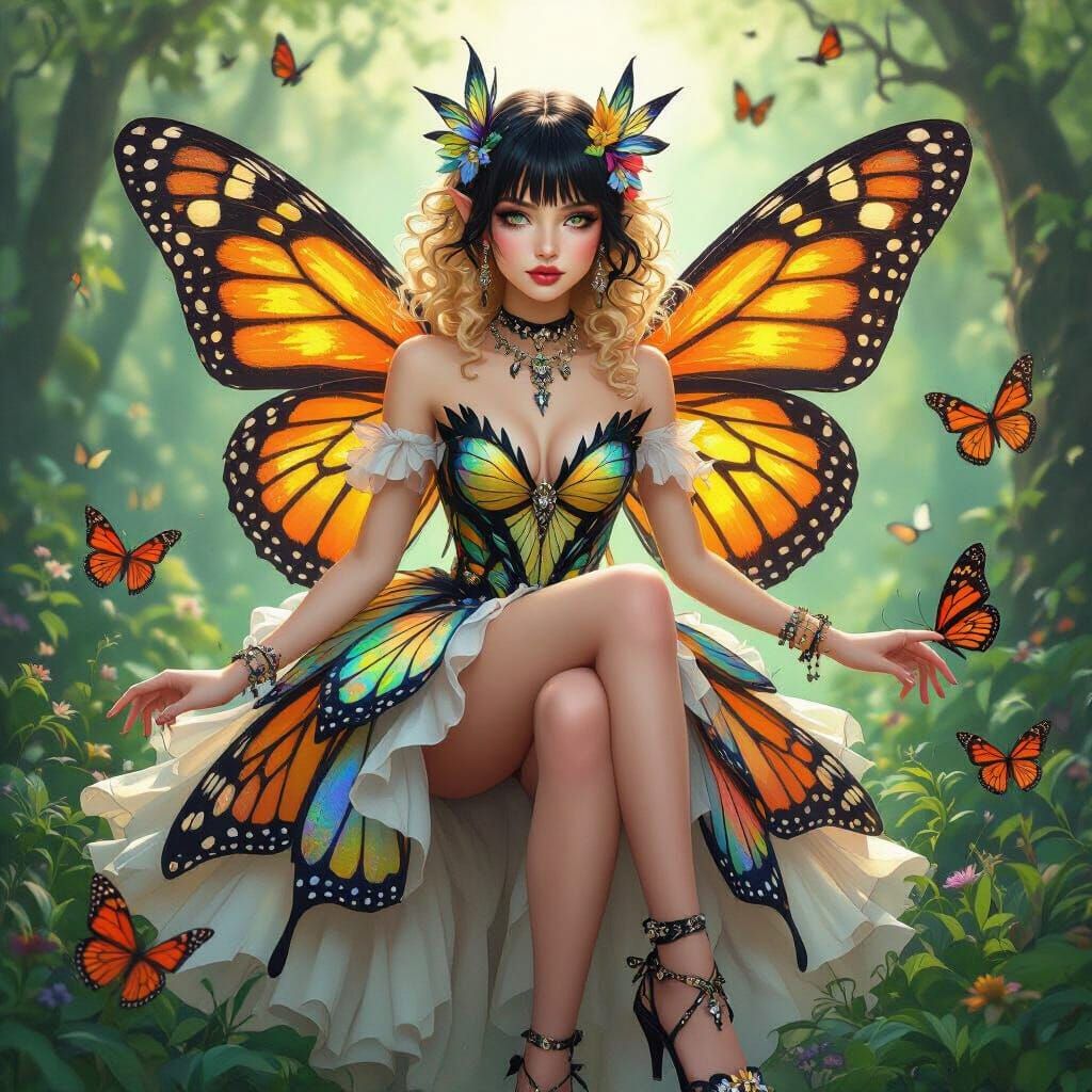 Monarch Fairy in Lush Woodland, Digital Art