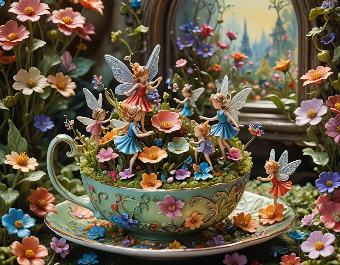 Fairies Tend Garden in Teacup: Oil Painting
